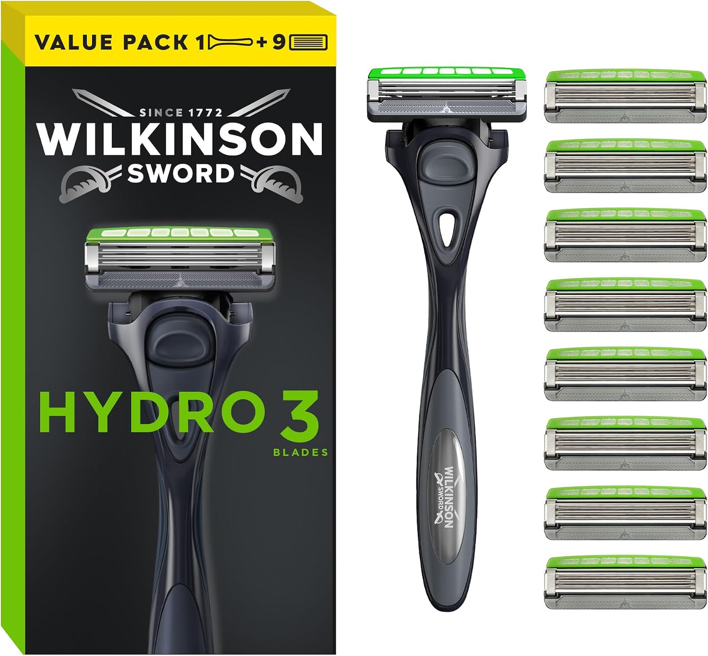 Wilkinson Sword Hydro 3 Men’s Razor Refills, Great Addition to Wash Bags for Men's Grooming, Great Shavers for Routine Shaving, 8 Refill Razor Blades Pack