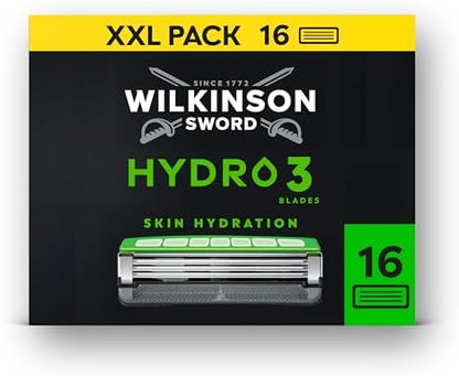 Wilkinson Sword Hydro 3 Men’s Razor Blade Refills, XXL 16 Pack | 3 Blade Face or Body Razors for Men, Dual Lubrication, Hydrating Gel Formula, Great Shavers for Wash Bags or Holidays