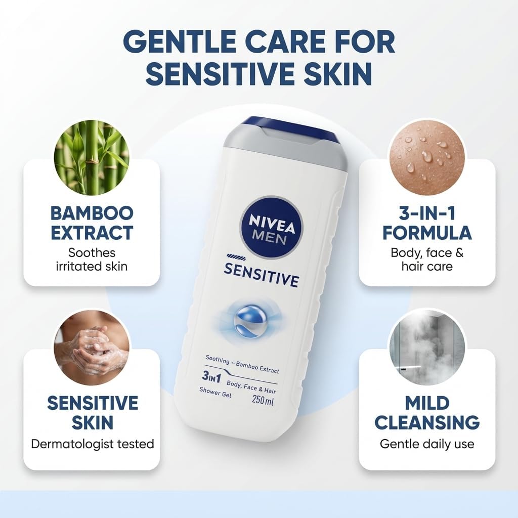 NIVEA MEN Sensitive Shower Gel Pack of 3 x 250ml - Body Wash for Men with Bamboo Extract, Alcohol Free Sensitive Skin Body Wash, pH Balanced Soap Free Cleanser, Hypoallergenic + Shopcienty Magnet