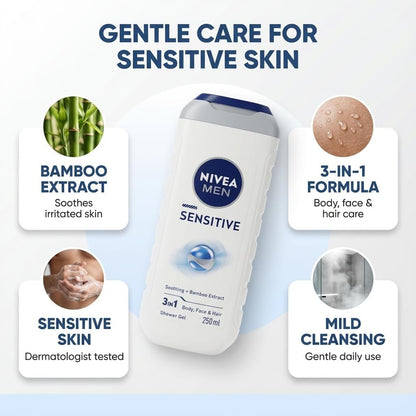 NIVEA MEN Sensitive Shower Gel Pack of 3 x 250ml - Body Wash for Men with Bamboo Extract, Alcohol Free Sensitive Skin Body Wash, pH Balanced Soap Free Cleanser, Hypoallergenic + Shopcienty Magnet