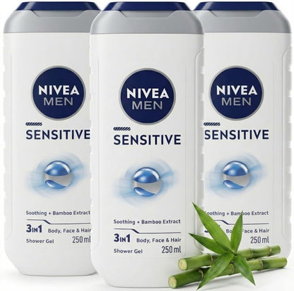 NIVEA MEN Sensitive Shower Gel Pack of 3 x 250ml - Body Wash for Men with Bamboo Extract, Alcohol Free Sensitive Skin Body Wash, pH Balanced Soap Free Cleanser, Hypoallergenic + Shopcienty Magnet
