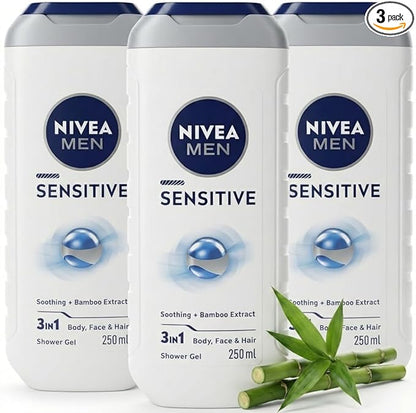 NIVEA MEN Sensitive Shower Gel Pack of 3 x 250ml - Body Wash for Men with Bamboo Extract, Alcohol Free Sensitive Skin Body Wash, pH Balanced Soap Free Cleanser, Hypoallergenic + Shopcienty Magnet