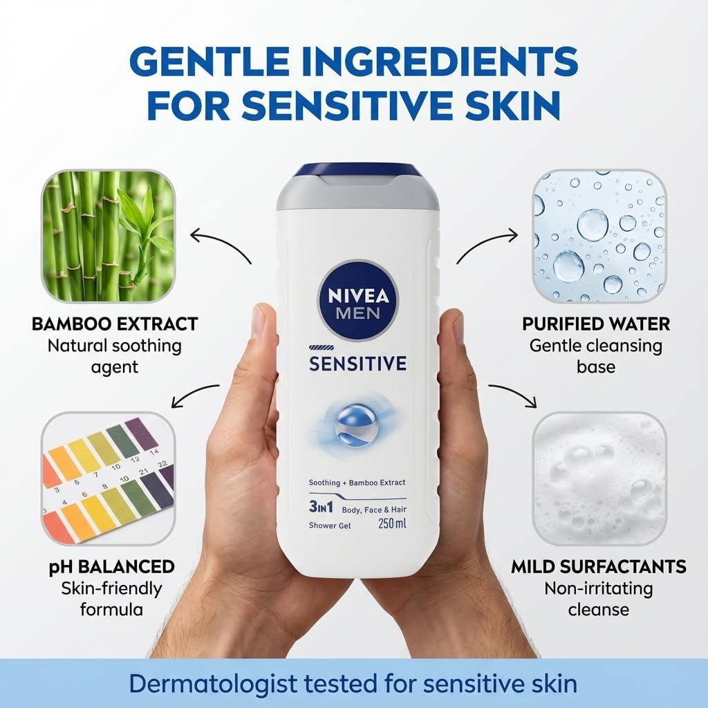 NIVEA MEN Sensitive Shower Gel Pack of 3 x 250ml - Body Wash for Men with Bamboo Extract, Alcohol Free Sensitive Skin Body Wash, pH Balanced Soap Free Cleanser, Hypoallergenic + Shopcienty Magnet