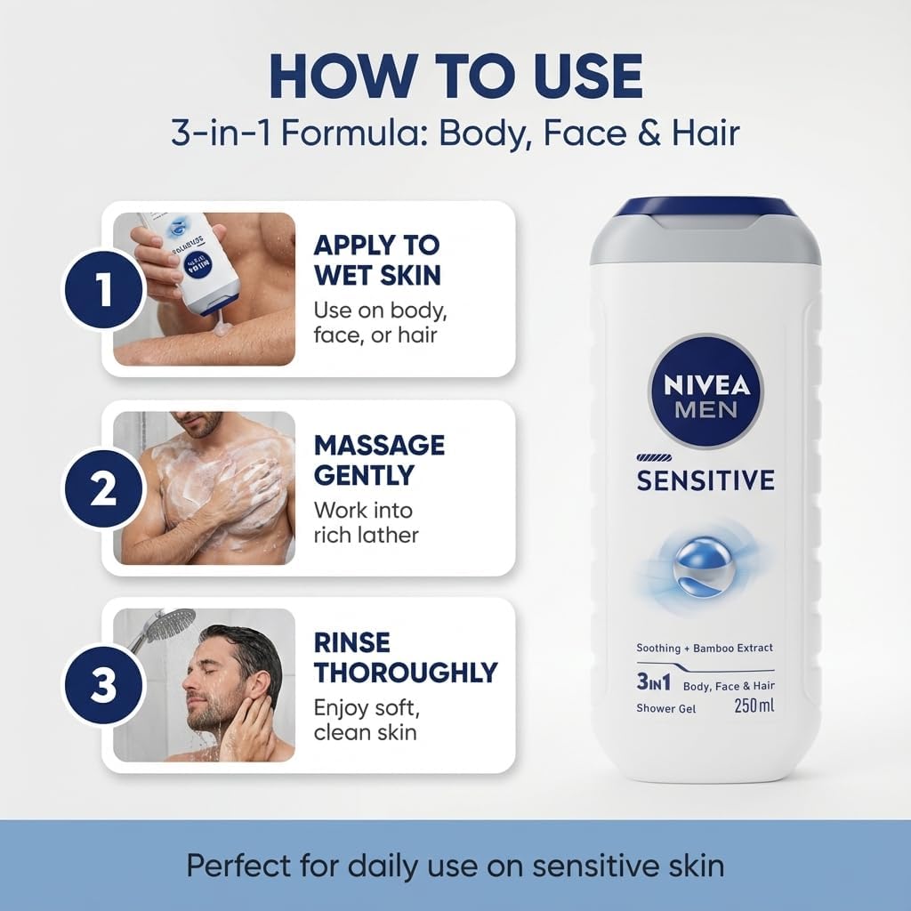 NIVEA MEN Sensitive Shower Gel Pack of 3 x 250ml - Body Wash for Men with Bamboo Extract, Alcohol Free Sensitive Skin Body Wash, pH Balanced Soap Free Cleanser, Hypoallergenic + Shopcienty Magnet