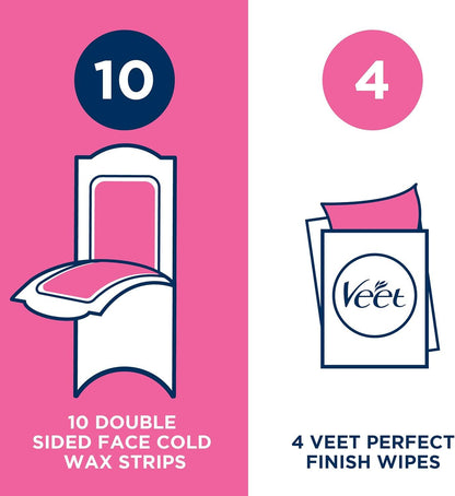 Veet Cold Wax Strips for Hair Removal Sensitive Skin 20 Strips + 4 Finish Wipes - Scent Shave And All