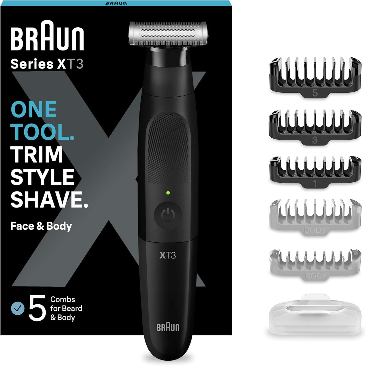 Braun Series XT3 One Blade Hybrid Beard & Stubble Trimmer Electric Shaver for Men Body Groomer for Manscaping