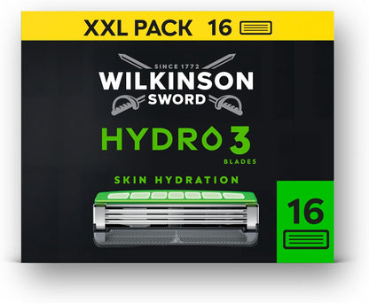 Wilkinson Sword Hydro 3 Men’s Razor Blade Refills, XXL 16 Pack | 3 Blade Face or Body Razors for Men, Dual Lubrication, Hydrating Gel Formula, Great Shavers for Wash Bags or Holidays