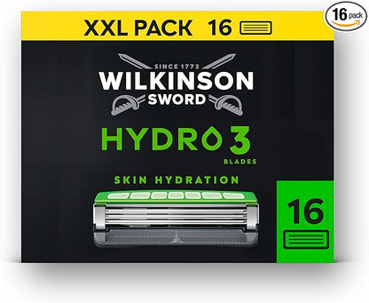 Wilkinson Sword Hydro 3 Men’s Razor Blade Refills, XXL 16 Pack | 3 Blade Face or Body Razors for Men, Dual Lubrication, Hydrating Gel Formula, Great Shavers for Wash Bags or Holidays