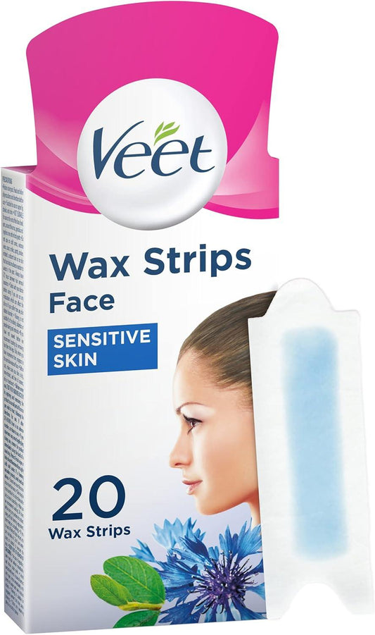 Veet Cold Wax Strips for Hair Removal Sensitive Skin 20 Strips + 4 Finish Wipes - Scent Shave And All