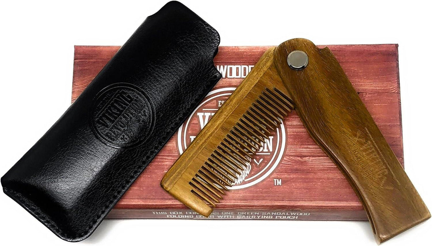 Folding Beard Comb with Carrying Pouch All Natural Wooden Beard Comb by Viking Revolution - Scent Shave And All