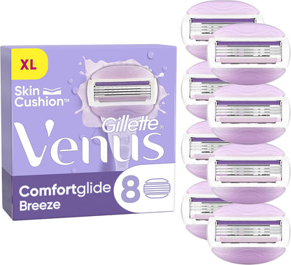Gillette Venus Comfortglide Breeze Women's Razor Blade Refills, Pack of 8, 3 built-in blades for a smooth, close shave that lasts
