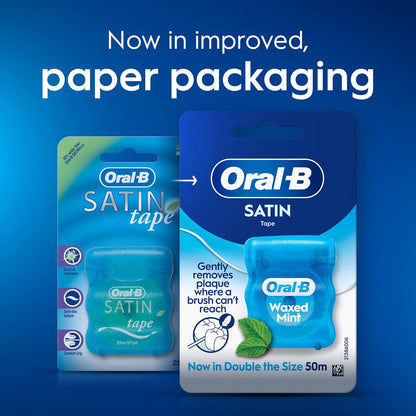 Oral-B Satin Tape Floss, Removes Plaque, Waxed Dental Floss for Tight Spaces, for a Fresh, Clean Feeling, Mint Flavour 50m Roll