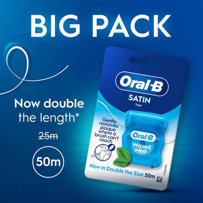 Oral-B Satin Tape Floss, Removes Plaque, Waxed Dental Floss for Tight Spaces, for a Fresh, Clean Feeling, Mint Flavour 50m Roll