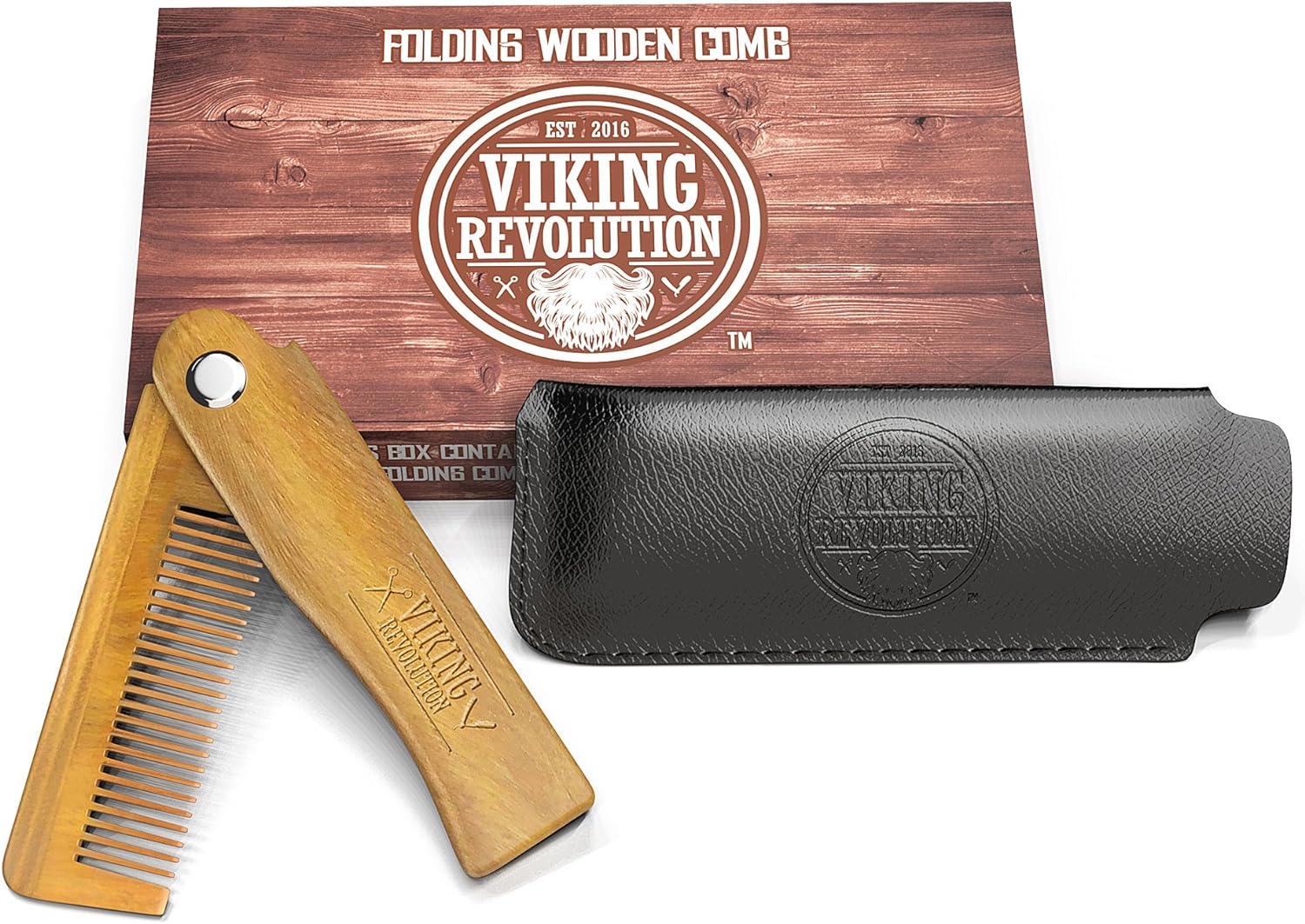 Folding Beard Comb with Carrying Pouch All Natural Wooden Beard Comb by Viking Revolution - Scent Shave And All