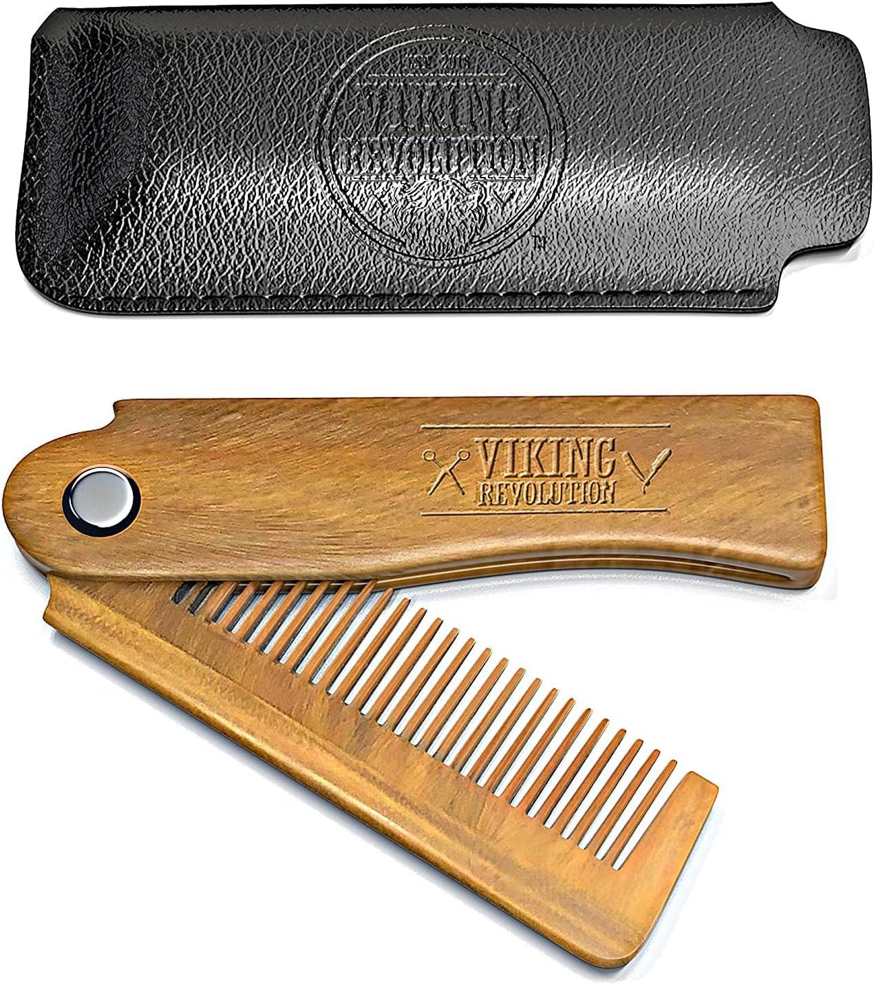 Folding Beard Comb with Carrying Pouch All Natural Wooden Beard Comb by Viking Revolution - Scent Shave And All