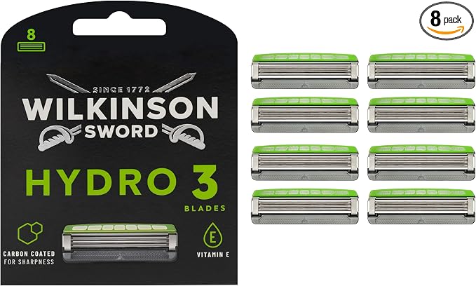Wilkinson Sword Hydro 3 Men’s Razor Refills, Great Addition to Wash Bags for Men's Grooming, Great Shavers for Routine Shaving, 8 Refill Razor Blades Pack