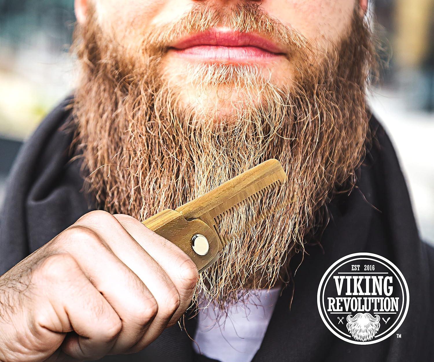 Folding Beard Comb with Carrying Pouch All Natural Wooden Beard Comb by Viking Revolution - Scent Shave And All