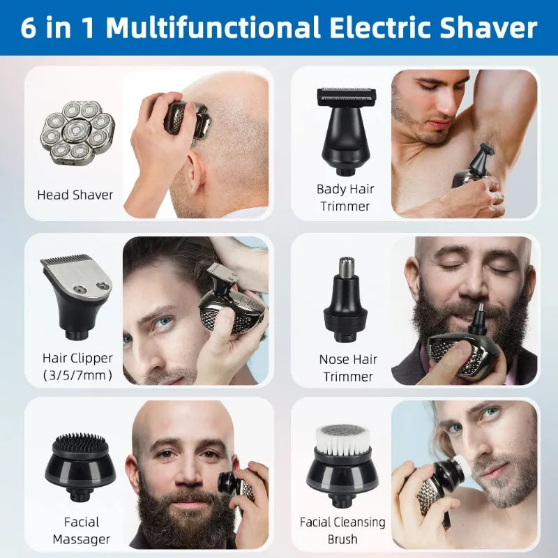Head Shaver for Men 9 Floating Heads 6-in-1 Kit Rechargeable Waterproof Wet Dry