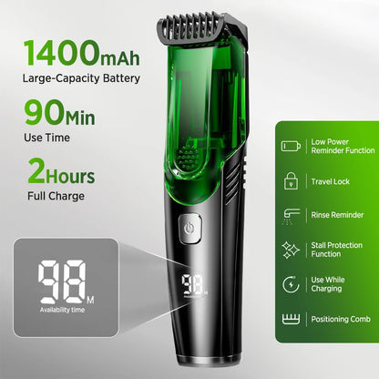 Cordless Men Beard Trimmer Rechargeable Electric Shaver with Built-in Vacuum Clipper for Mustache Sideburns Grooming Kit