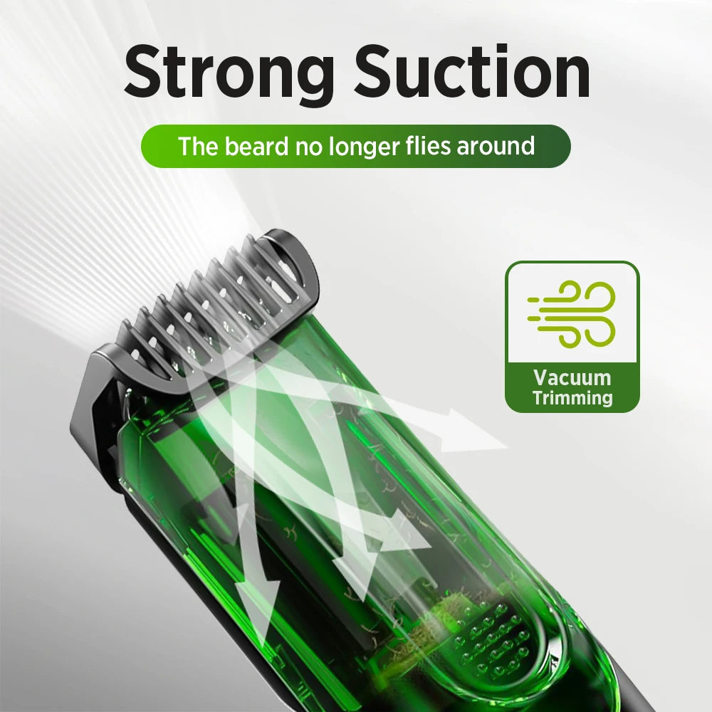 Cordless Men Beard Trimmer Rechargeable Electric Shaver with Built-in Vacuum Clipper for Mustache Sideburns Grooming Kit