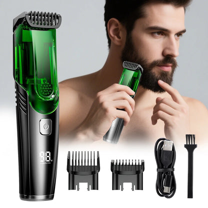 Cordless Men Beard Trimmer Rechargeable Electric Shaver with Built-in Vacuum Clipper for Mustache Sideburns Grooming Kit