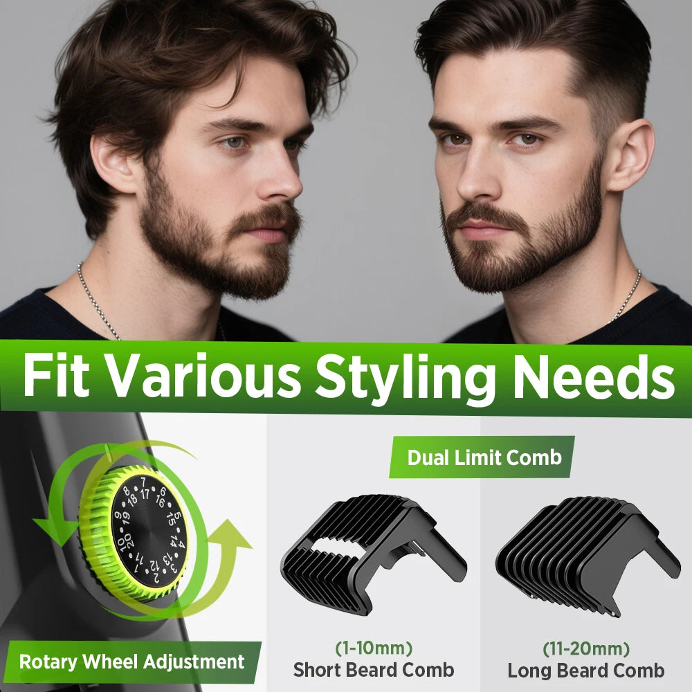 Cordless Men Beard Trimmer Rechargeable Electric Shaver with Built-in Vacuum Clipper for Mustache Sideburns Grooming Kit