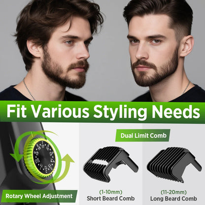 Cordless Men Beard Trimmer Rechargeable Electric Shaver with Built-in Vacuum Clipper for Mustache Sideburns Grooming Kit