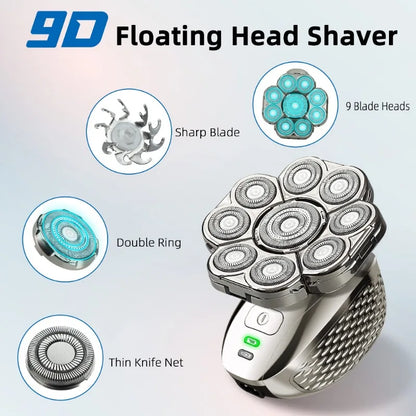 Head Shaver for Men 9 Floating Heads 6-in-1 Kit Rechargeable Waterproof Wet Dry